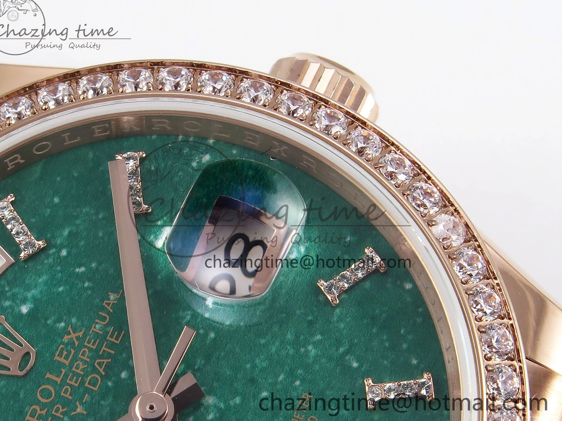 Good Copy Rolex Watches Edition RG on TWSF 36 Diamonds Diamonds Date Bezel Day SmartChoice Green 1608 Best Dial Roman RG A Bracelet 0114